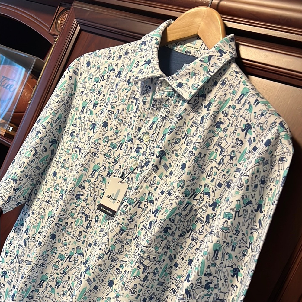 Brand New Johnnie-O White, Green & Blue Dundee Patterned Tennis 🎾 Golf ⛳️ Polo!